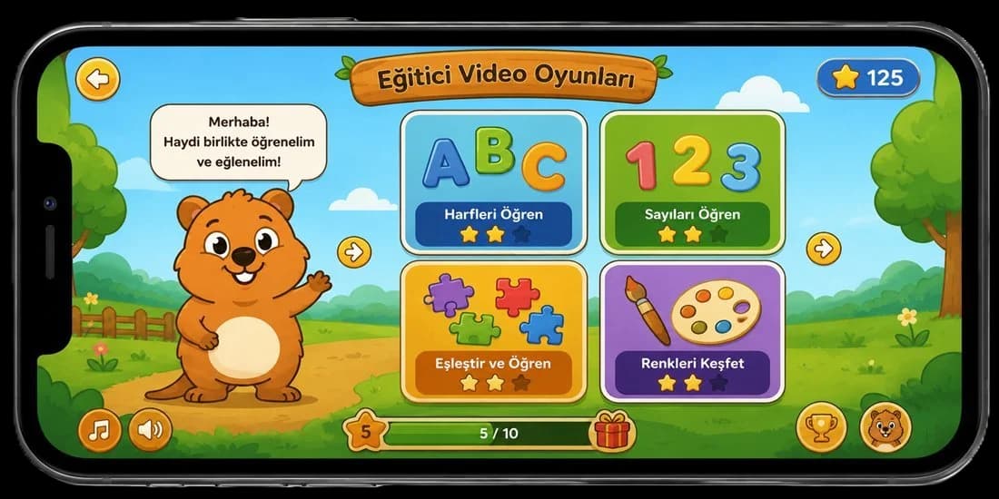 EduGuest eğitici video oyunları ekranı: harfleri öğren, sayıları öğren, eşleştir ve öğren, renkleri keşfet